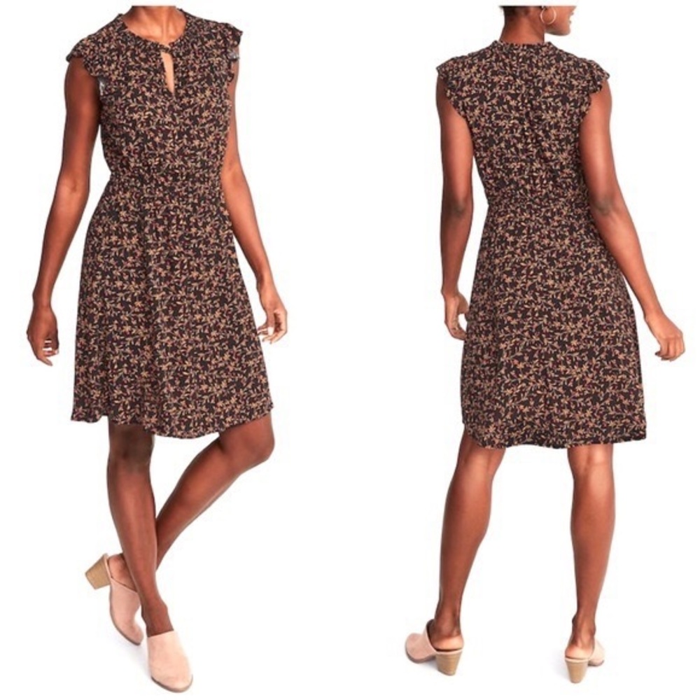 Old Navy Flutter Sleeve Black Ditsy Floral Dress